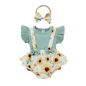 Baby Girls Ruffled Sleeve T-Shirt And Floral Straps Shorts With Headband Set